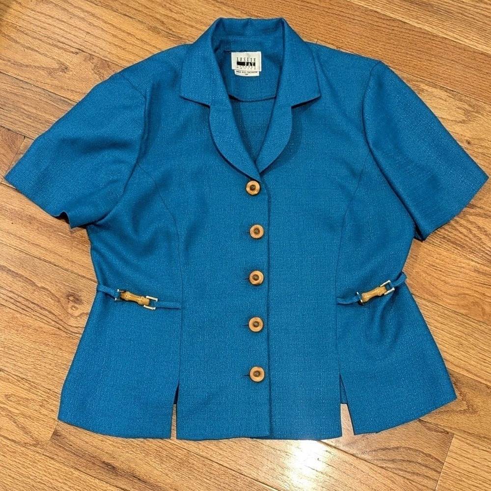Vintage Teal Career Blazer Leslie Fay Petite 14P Bamboo Toggle Cottagecore